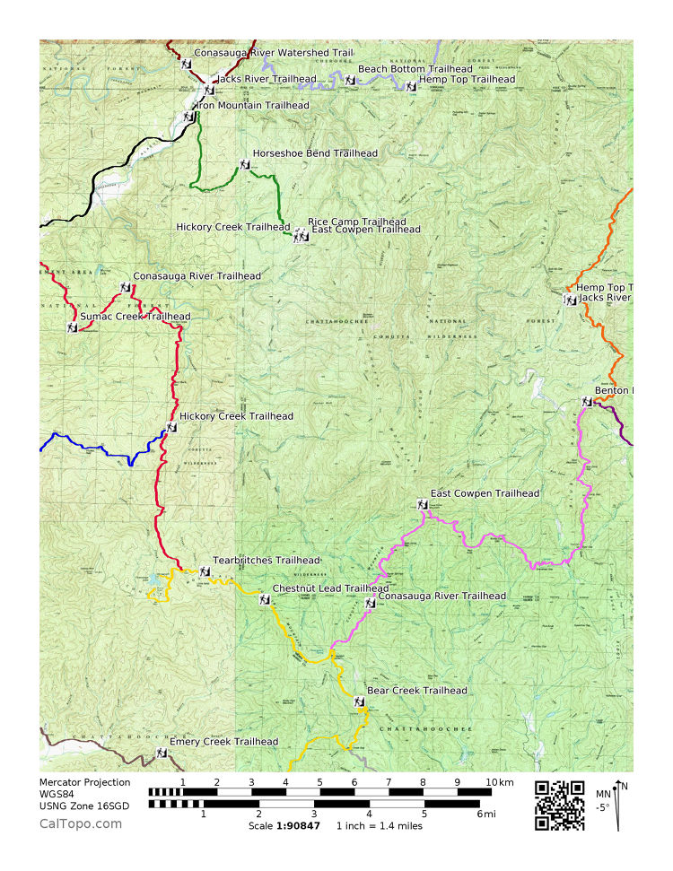 Color-coded Forest Service access roads around the Cohutta Wilderness