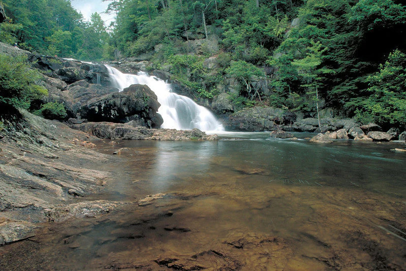 Jacks River Falls pouring over dark rock ledges into a wide shallow pool below steep green gorge walls
